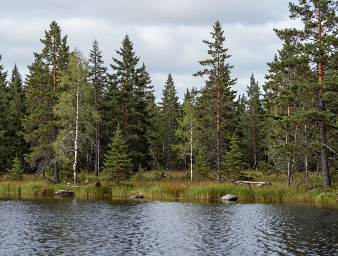 Panoraamanäkymä suomalaisesta järvimaisemasta hämärässä – rauhallinen vesi, metsäinen ranta, pilvinen taivas joka heijastuu vedessä, syvä pohjoinen tunnelma